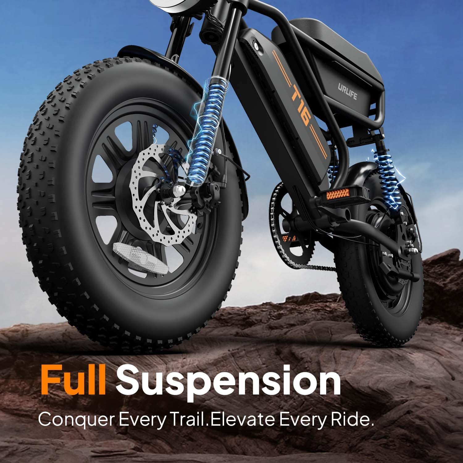 URLIFE 16" x 3.0 Electric Bike, 48V 13Ah Removable Battery, 250W Brushless Motor, 120km Range, Ebike with Dual Suspension, Lockable Storage Box for Teenagers and Adults (Black)