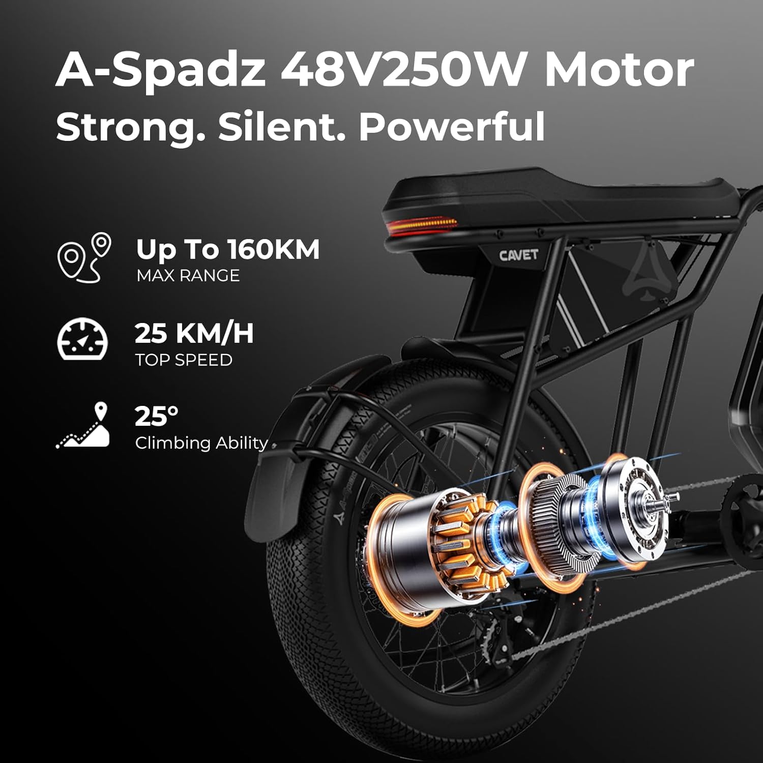 Cavet Air Fat Tire Electric Bike, 48V 250W Motor, 15.6AH Battery, 7-Speed Gears, Dual Seat, TFT Display, E-Bike for Men & Adults