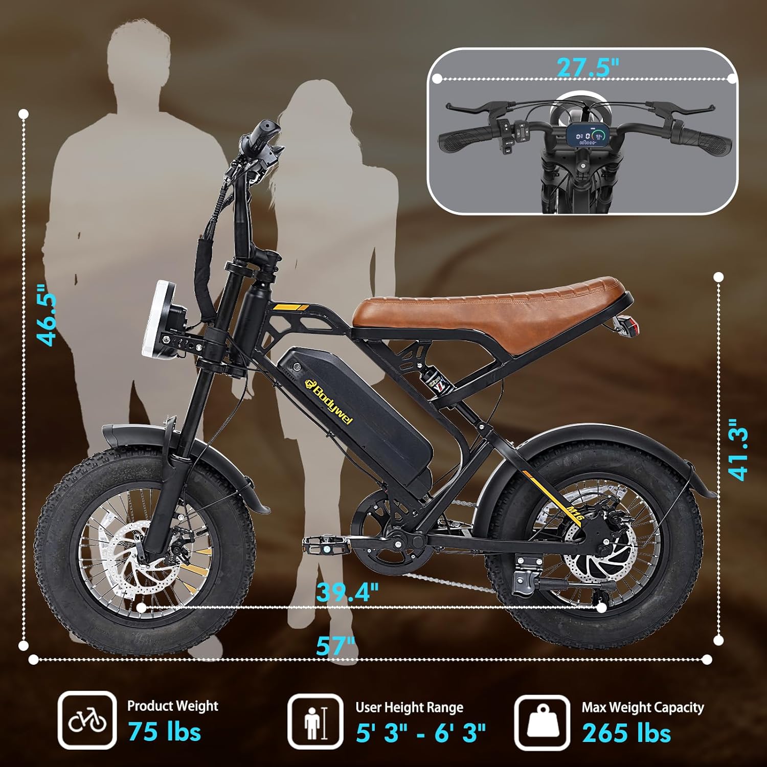 Bodywel M16 Fat Tire Electric Bike For Adult, 48V 13.5AH Removable Battery, 250W Brushless Motor, LCD Display, Dual Suspension, Disc Brakes, Headlight, Indicators for All Terrain